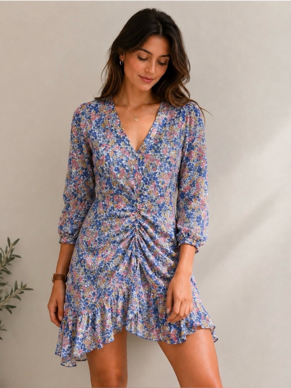 Zara Chiffon V-Neck 3/4 Sl Center Front Ruch Ruffle Mini Blue Floral Dress Sz M